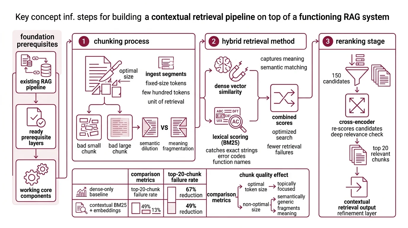 Layered diagram showing chunking, hybrid search, and reranking as prerequisites under contextual retrieval, with cost and scale failure modes annotated