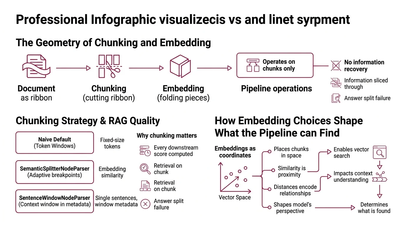 Diagram of a RAG pipeline showing chunker, embedder, vector store, retriever, and reranker as sequential transformations.