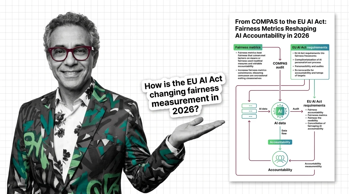 Fairness metric charts projected across a split courtroom and regulatory chamber