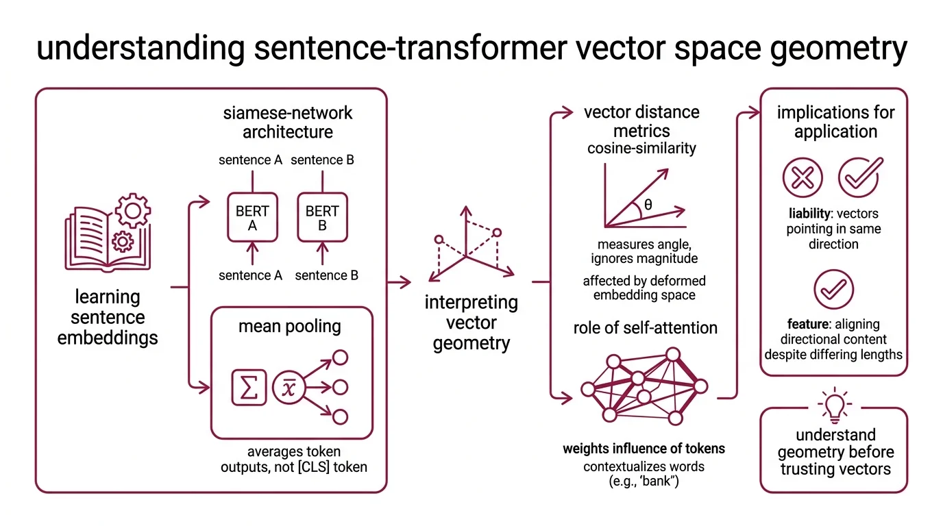 Diagram showing sentence embedding vectors clustering into a narrow cone in high-dimensional space, with contrastive learning redistributing them toward uniformity