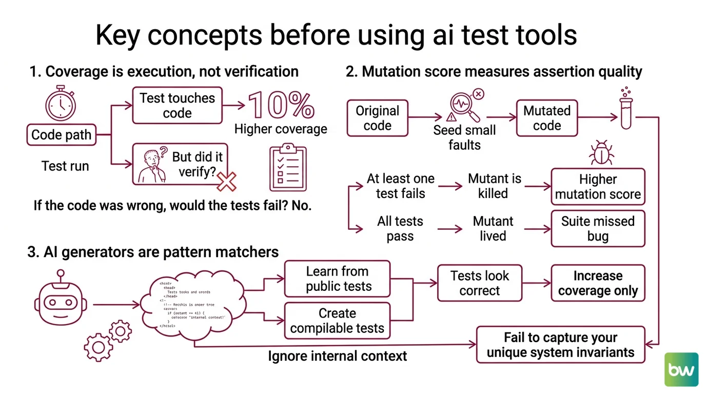 Diagram showing AI test generator optimizing for coverage while mutation testing exposes surviving fault injections