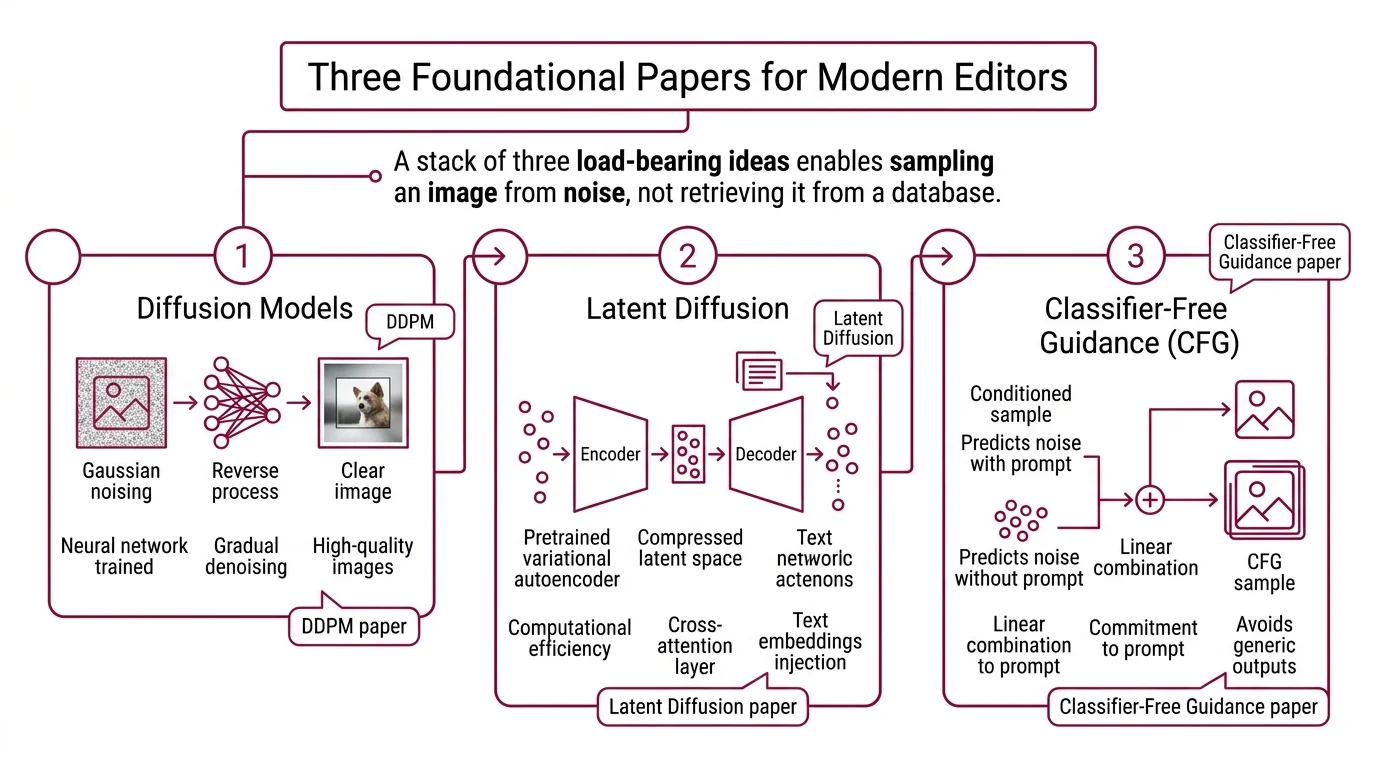 Three-layer stack showing DDPM, Latent Diffusion, and classifier-free guidance feeding into an InstructPix2Pix-style editing pipeline