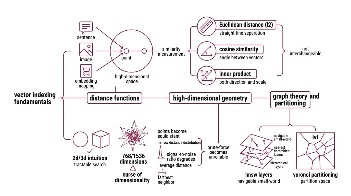 Parameter map showing HNSW M, ef_construction, ef_search, IVF nprobe, and PQ m and code_size with their effects on recall, latency, and memory