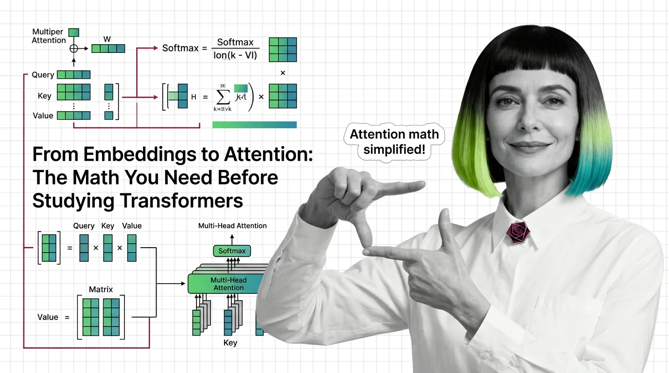 Geometric visualization of vector spaces converging through dot product alignment into attention weight distributions