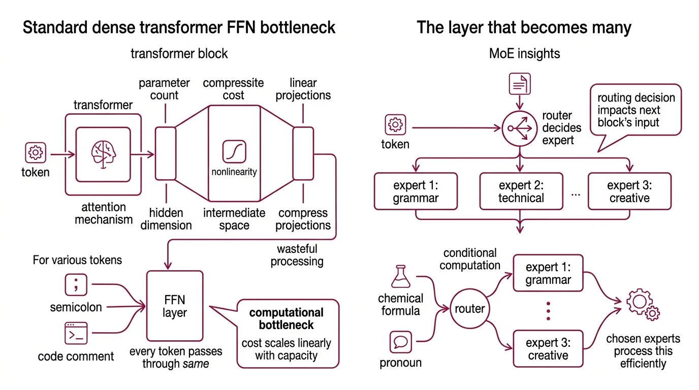 Diagram showing MoE layer anatomy: token input splits through router gate into parallel expert FFNs with top-k selection, then recombines via weighted sum