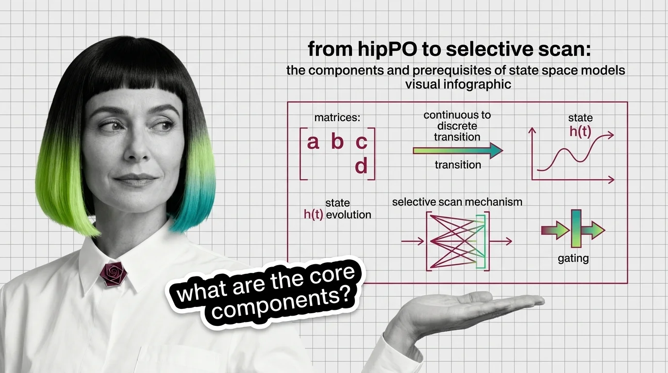 Diagram of SSM components: hidden state, A/B/C matrices, and selective scan across a token sequence