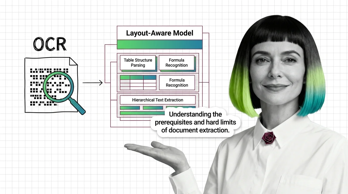 Layout-aware document parsing decomposing a PDF page into text regions, tables, and reading order.