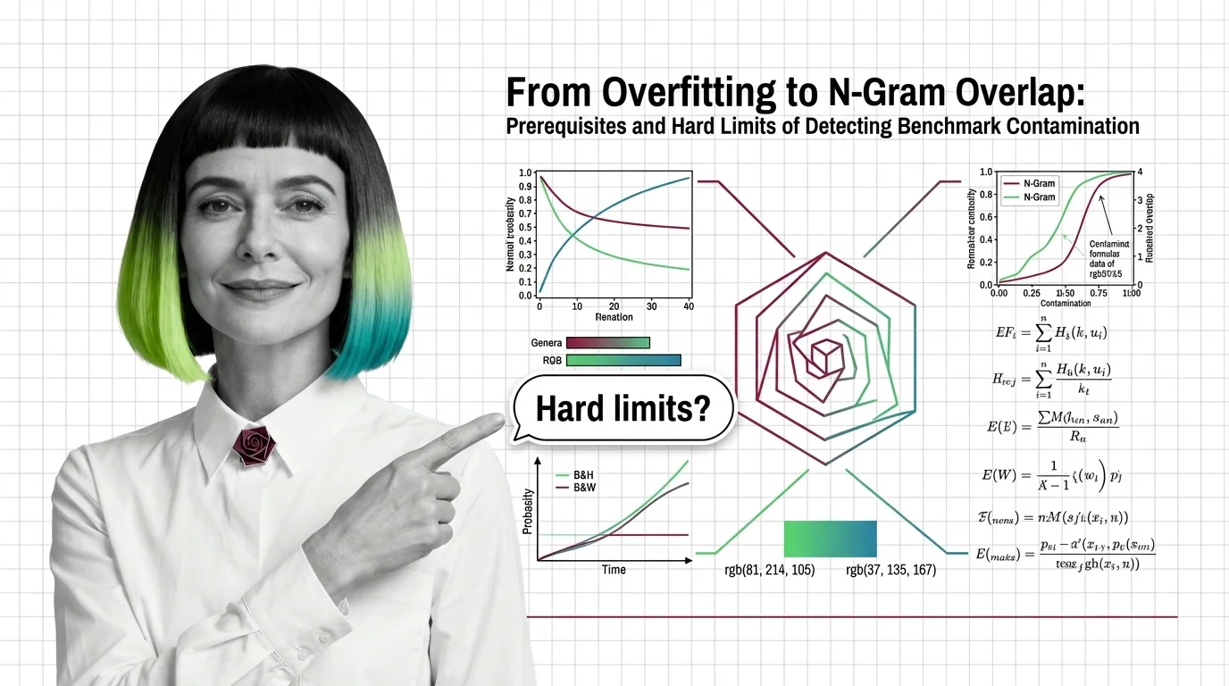Overlapping n-gram patterns dissolving into noise, visualizing benchmark contamination detection thresholds
