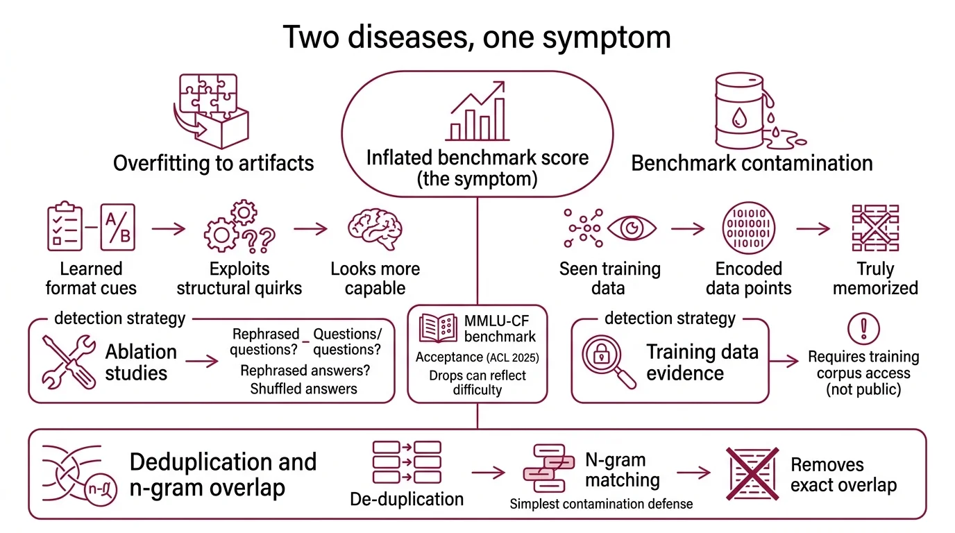Diagram showing n-gram overlap thresholds across model families and the detection gap where paraphrased contamination evades all string-matching methods