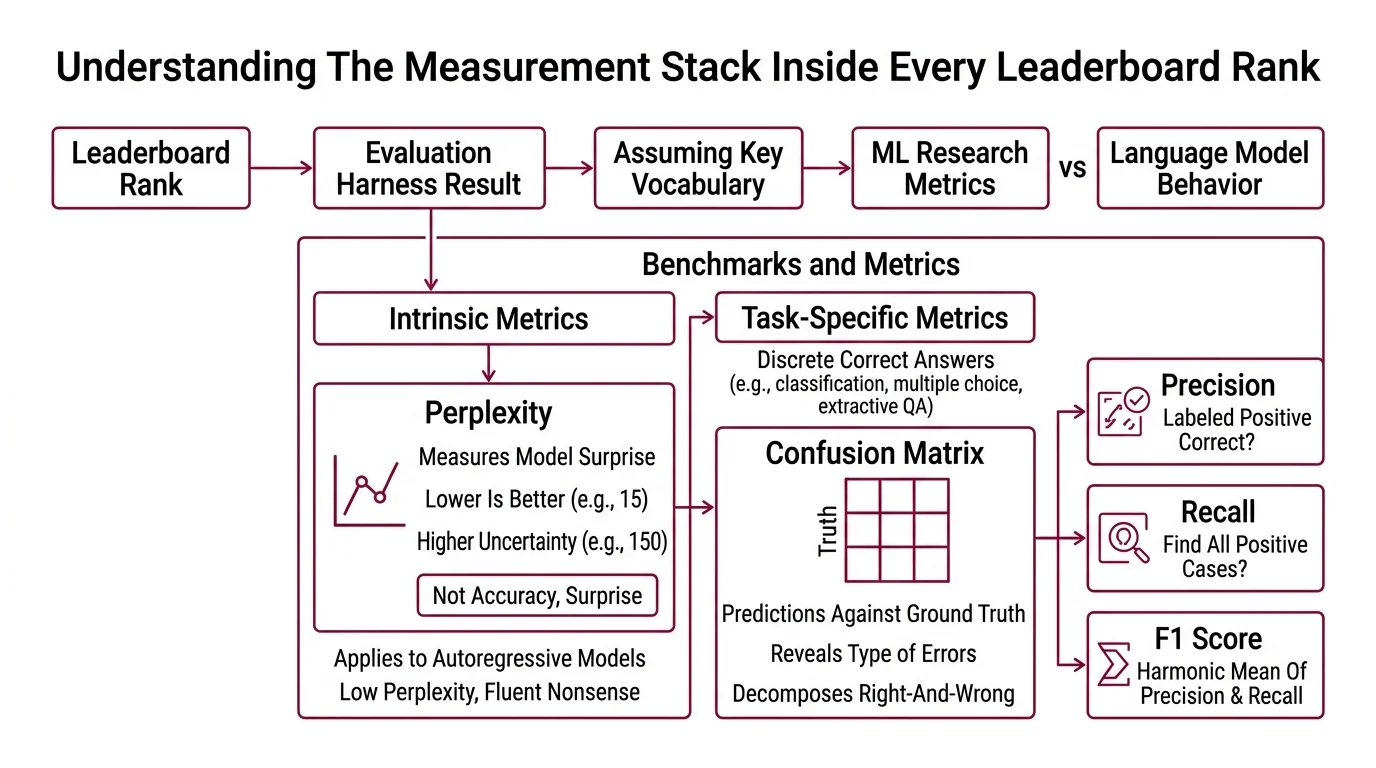 Layered diagram showing how perplexity, few-shot count, and tokenizer choices feed into a final benchmark score