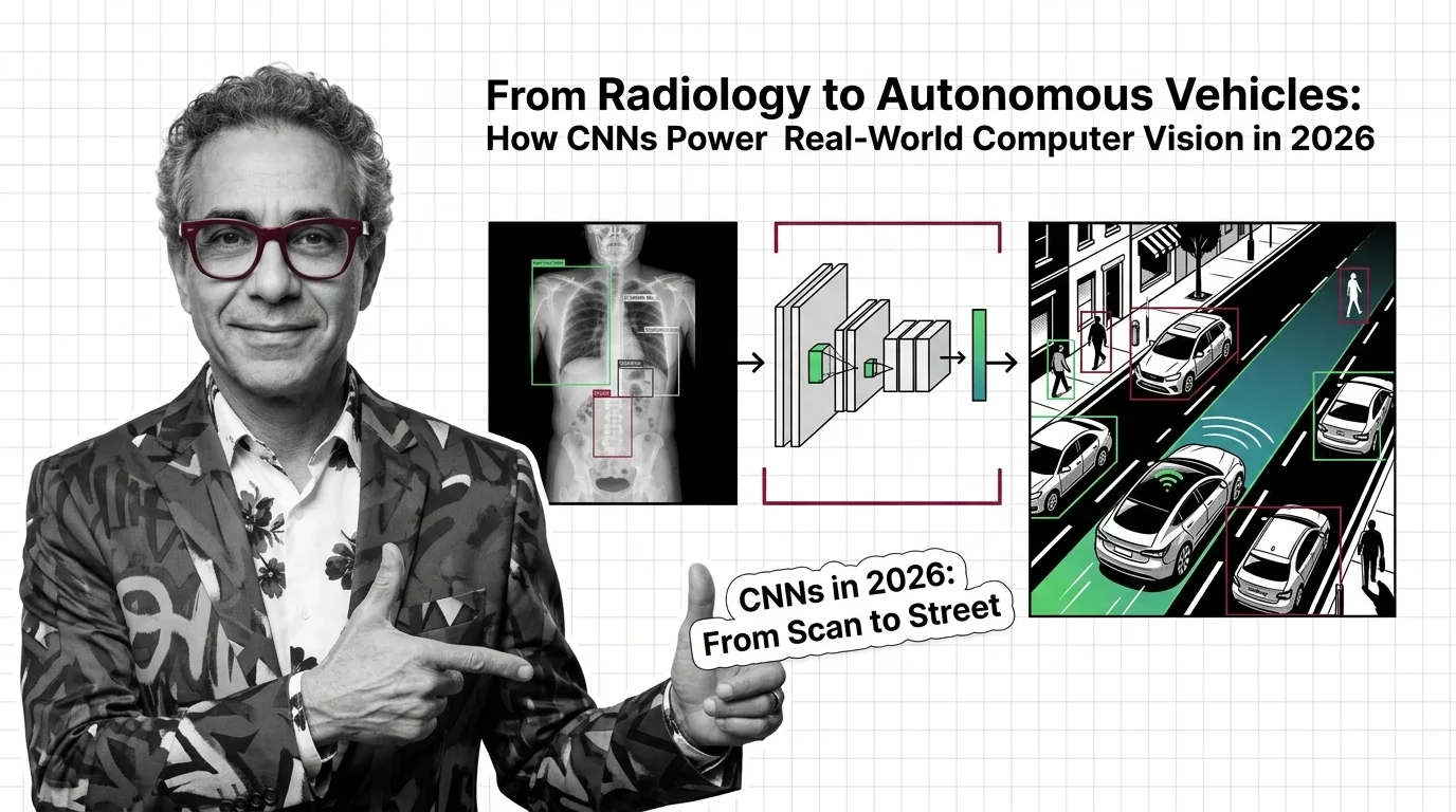 Neural network visualization showing convolutional layers processing medical scans and street scenes simultaneously