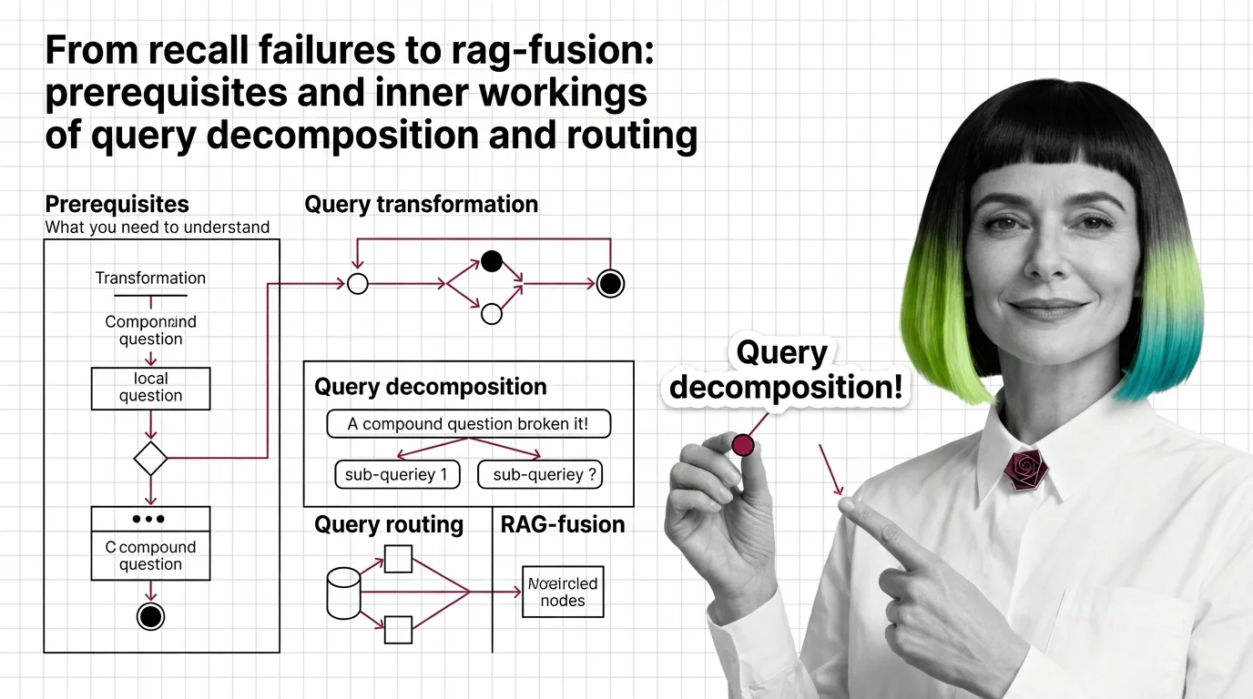 Diagram of a compound query splitting into parallel retrievable sub-queries via decomposition, routing, and RAG-Fusion