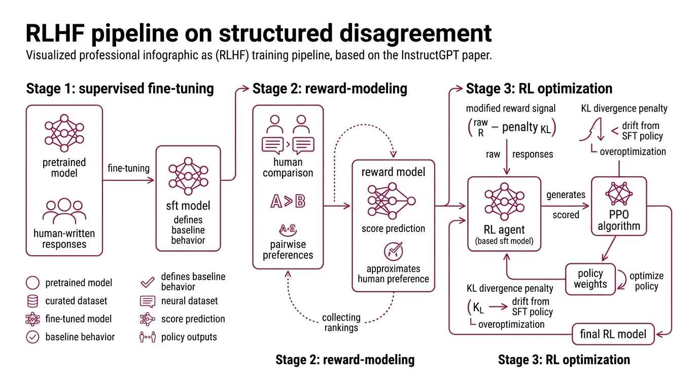 RLHF training pipeline showing SFT, reward model training from human comparisons, and PPO optimization with KL penalty feedback loop