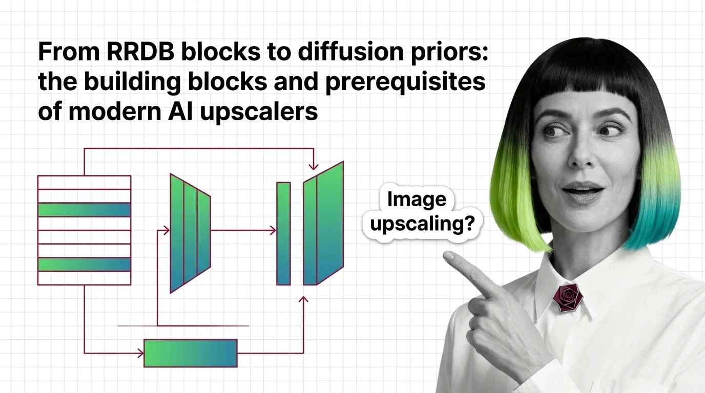 Anatomy of an AI upscaler — residual dense blocks on one side, a diffusion prior on the other, sharing one degraded input