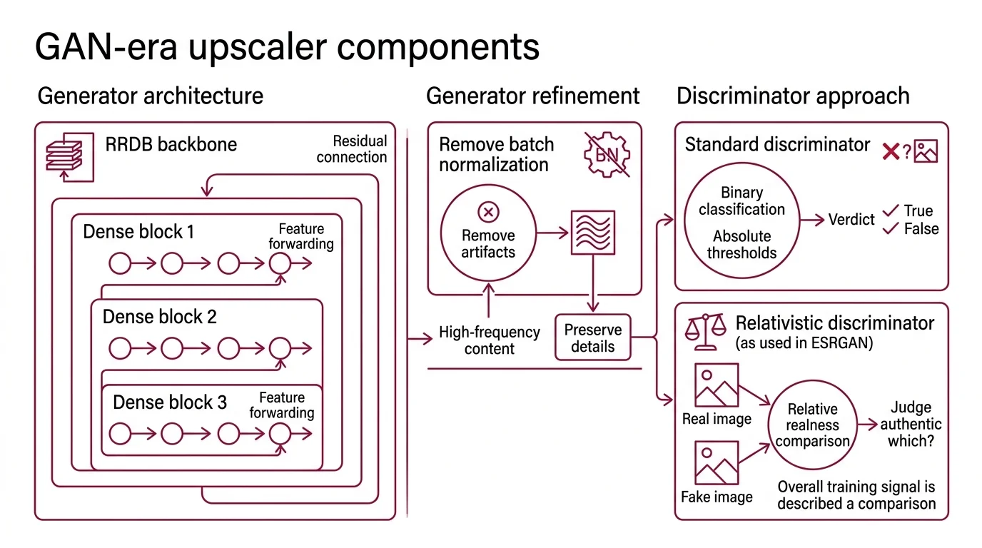 Side-by-side anatomy of an upscaler: a stack of RRDB blocks with a relativistic discriminator on the left, an SDXL U-Net with adaptor and LLaVA captioner on the right, sharing one degraded input image
