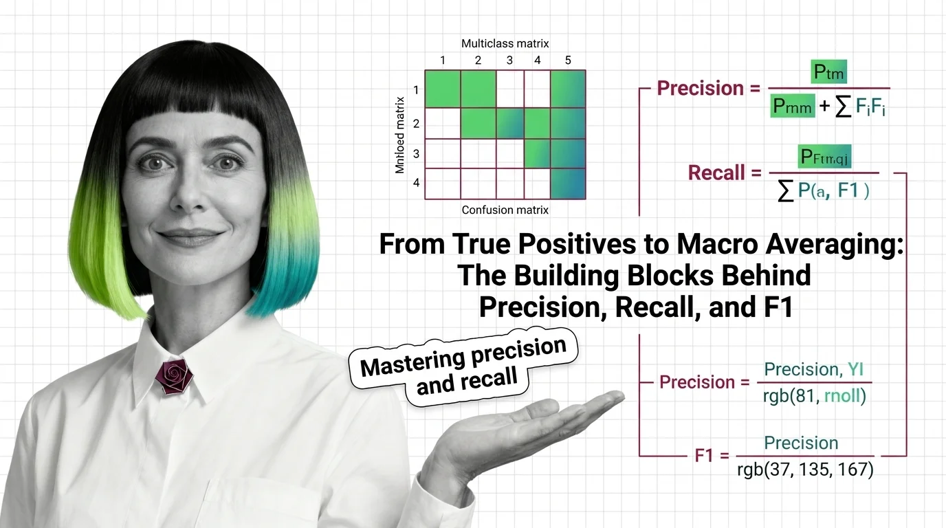 Geometric grid of colored cells representing a confusion matrix decomposing into precision and recall pathways