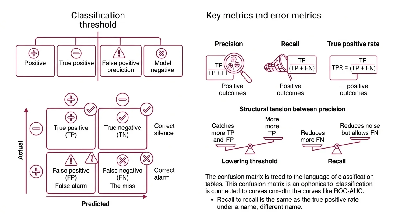 Diagram showing the four classification outcomes flowing into precision and recall formulas, then converging into F1 score with micro, macro, and weighted averaging branches