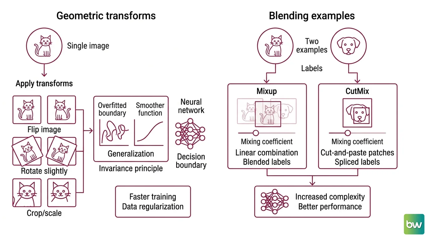 Side-by-side comparison of geometric transforms, mixup pixel blending, CutMix patch swapping, and back-translation showing how each preserves the label while altering the input