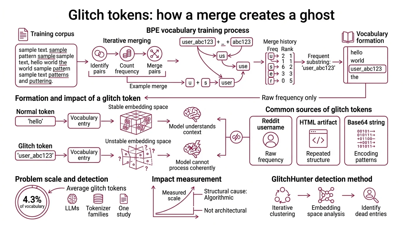 Diagram showing BPE merge tree with highlighted glitch tokens, fertility expansion across scripts, and pre-tokenization boundaries