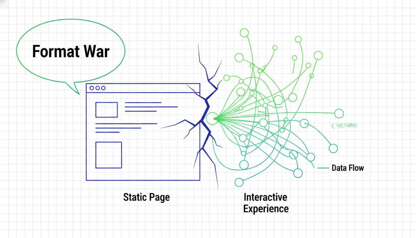 Line-art diagram showing the tension between a static webpage and a dynamic AI-generated search experience