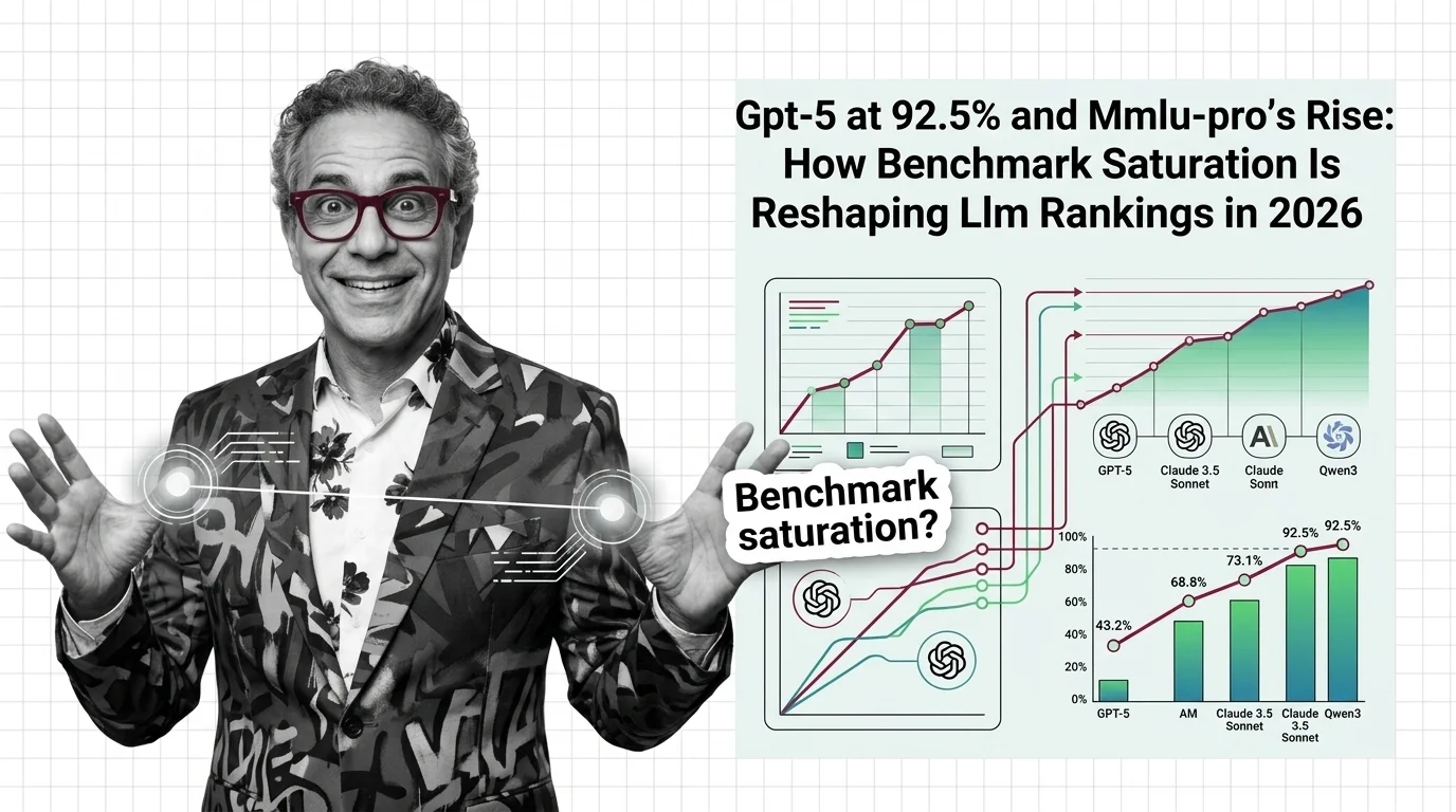 Strategic analyst reviewing benchmark leaderboard charts showing clustered model scores near a ceiling line