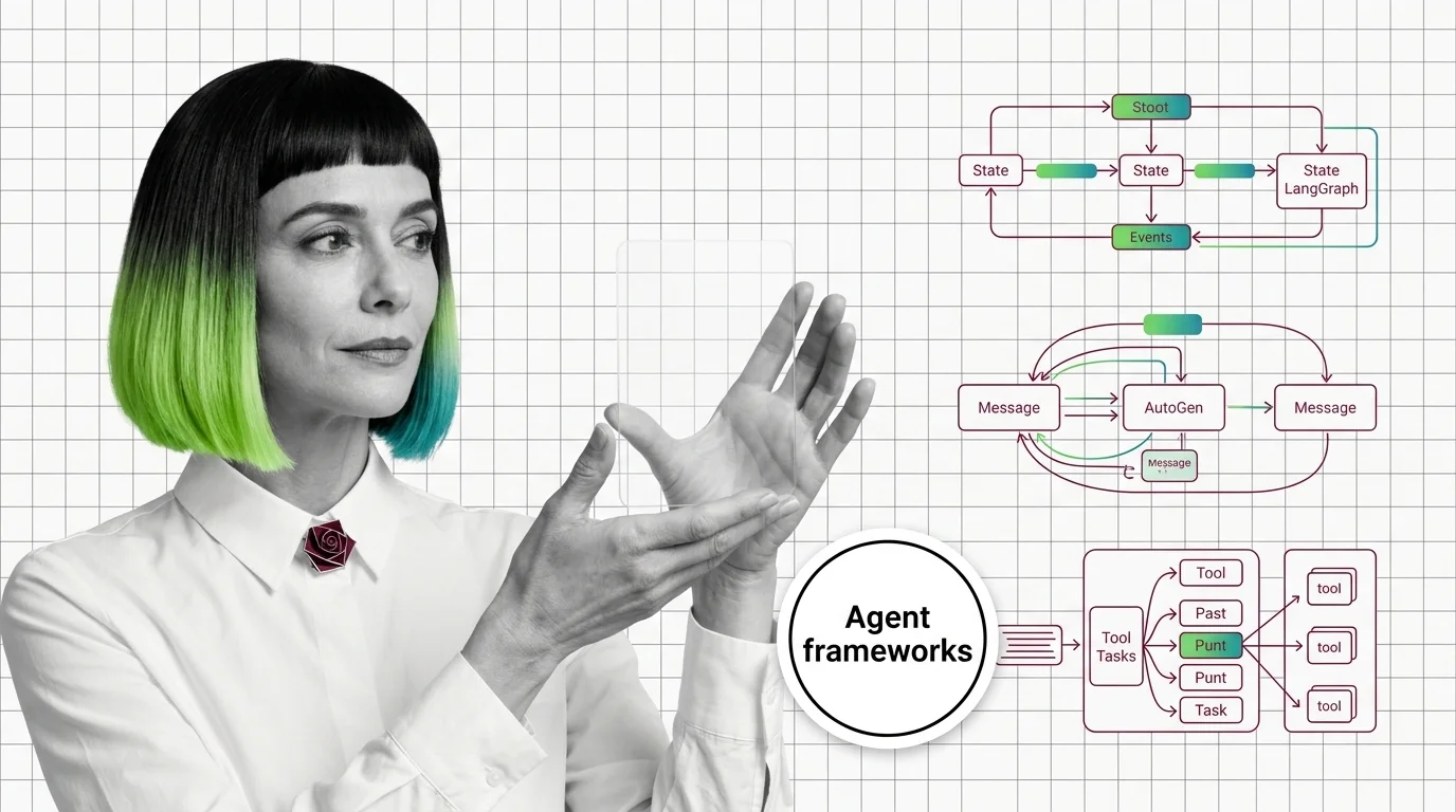 Three architectural diagrams contrasting graph state, actor message passing, and crew task handoff patterns in agent orchestration