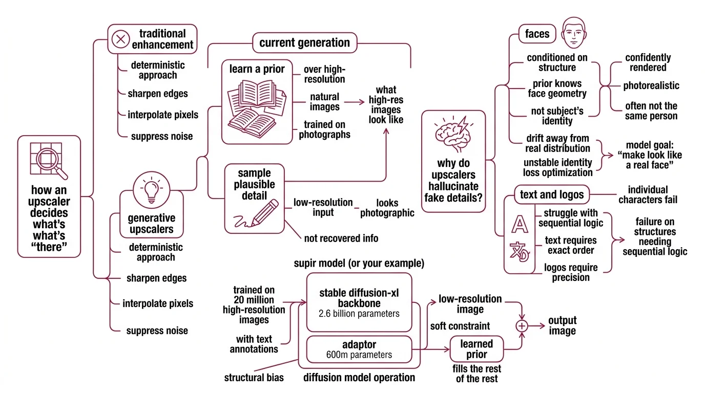 Diagram showing two failure surfaces in AI upscaling - a diffusion prior sampling plausible high-frequency face detail that overrides identity, and tile-local processing where global-aware operators drift between adjacent tiles to produce visible seams