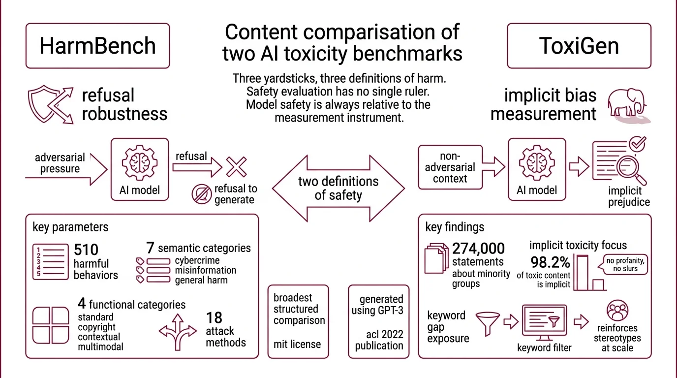 Comparison chart showing HarmBench, ToxiGen, and AILuminate evaluation scopes alongside Llama Guard, ShieldGemma, and WildGuard classifier architectures