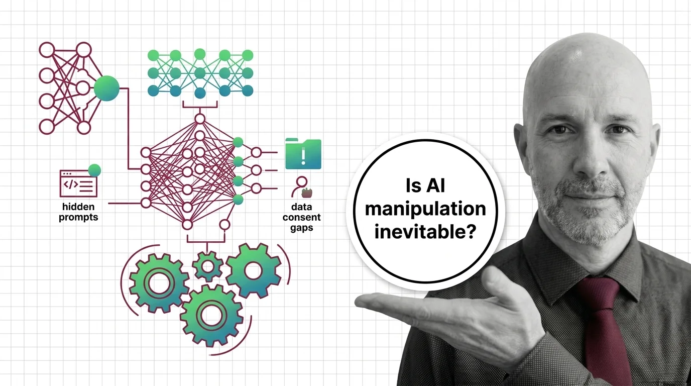 Layered diagram showing hidden system prompt instructions beneath user-visible AI conversation output