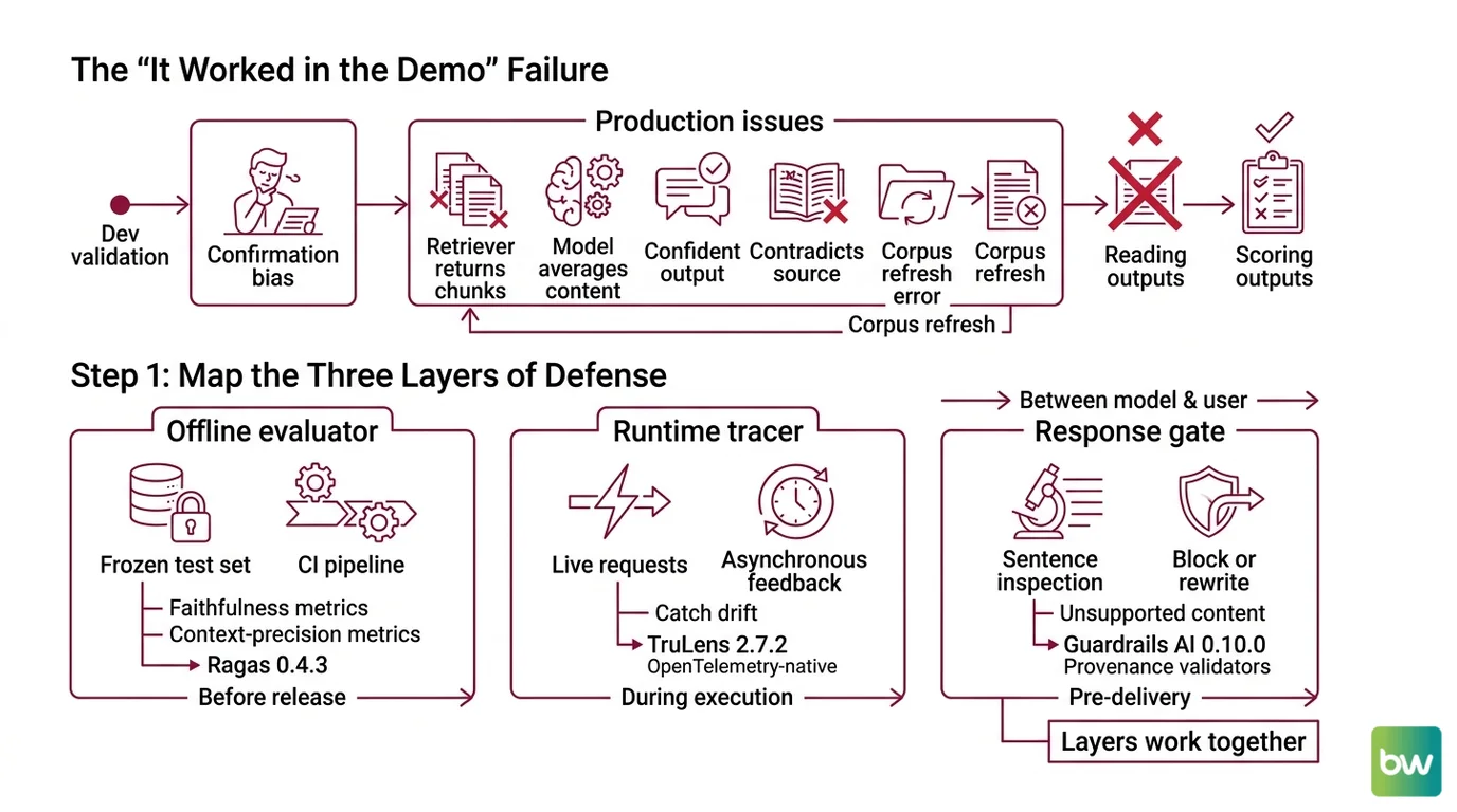 Three-layer RAG hallucination defense: offline Ragas evaluation in CI, TruLens runtime tracing on live traffic, Guardrails AI response gate before user delivery