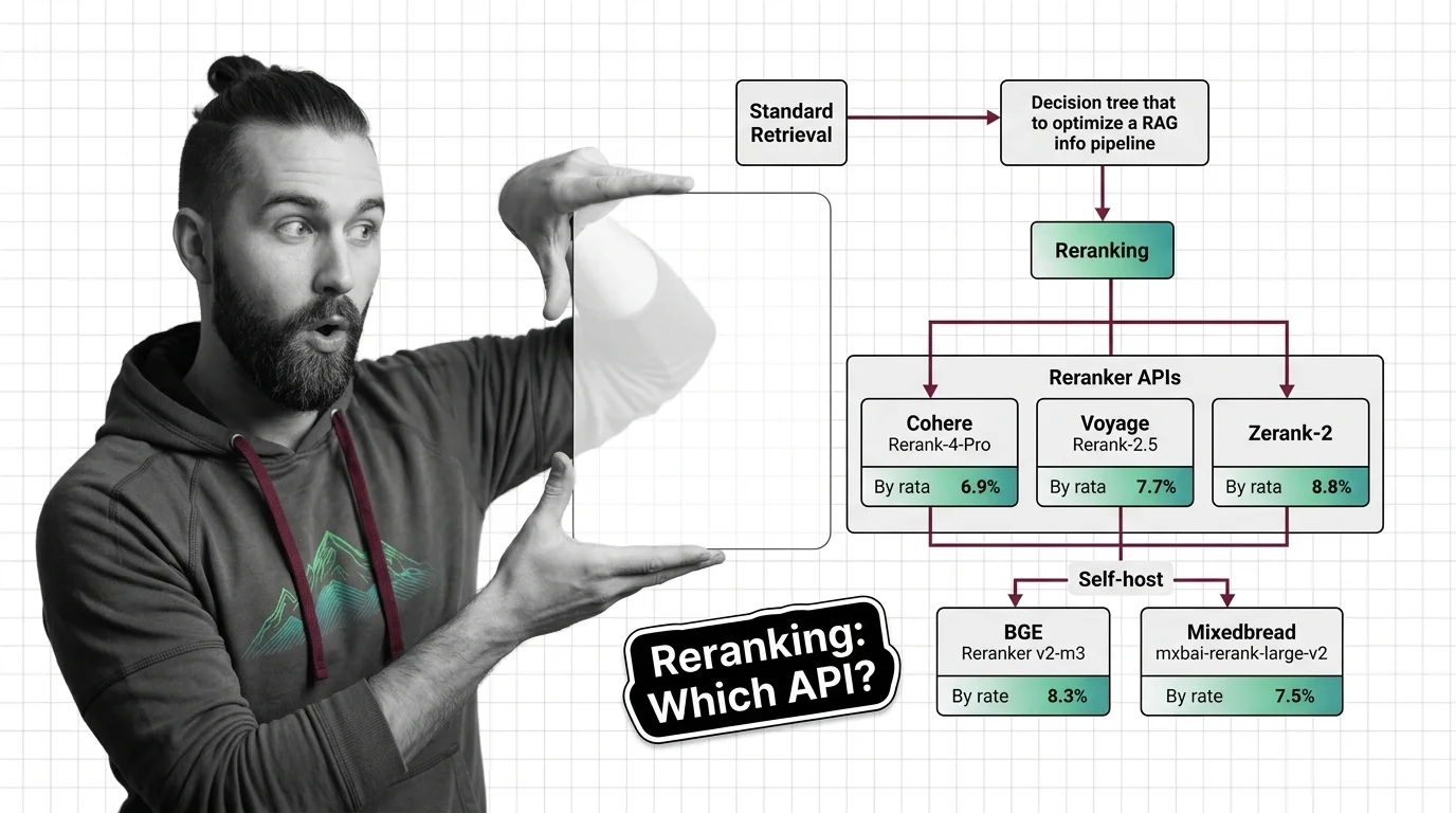 Three-stage RAG reranker architecture diagram: hybrid retrieval, cross-encoder reranker decision, and LLM generation in a 2026 pipeline