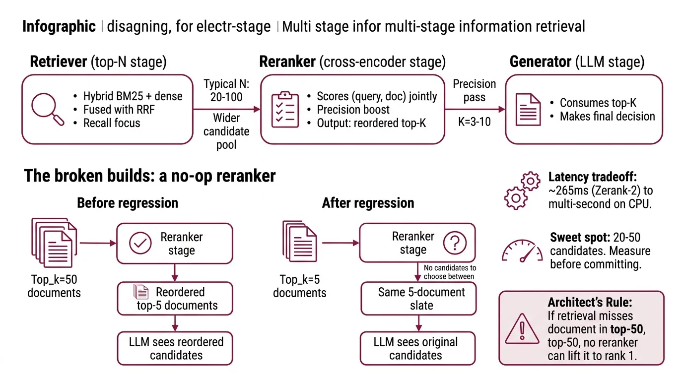 Three-stage RAG reranker pipeline showing retrieval, reranker license/hosting/quality decisions, and validation checklist for 2026 builds