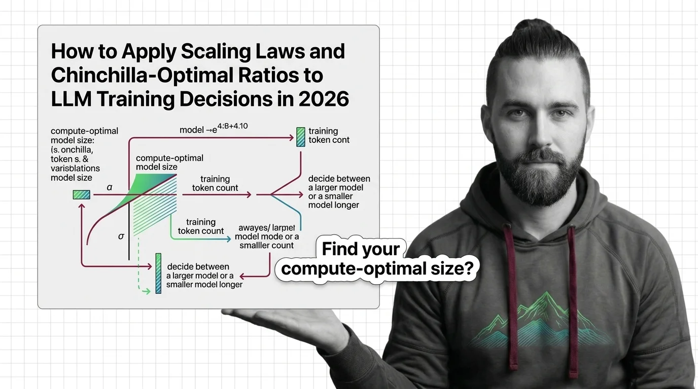 Technical blueprint showing compute budget allocation curves splitting between model size and training token count