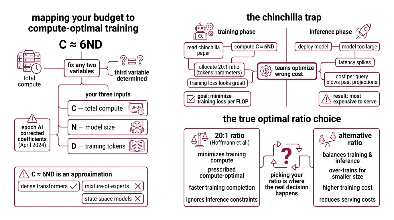 Decision flowchart from compute budget through ratio selection to inference-validated model size