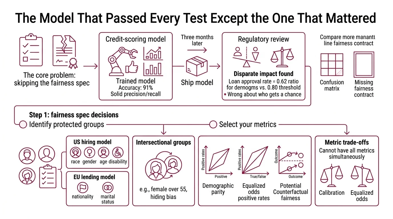 Flowchart showing the four-step bias audit pipeline from protected group mapping through metric selection, toolkit chain, and validation