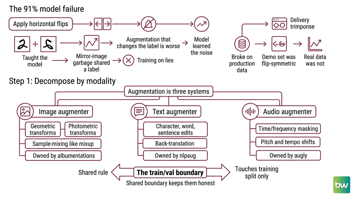 Four-step specification flow for a multi-modal augmentation pipeline: decompose by modality, specify label-preserving transforms, build in order with a class policy, then validate against a baseline
