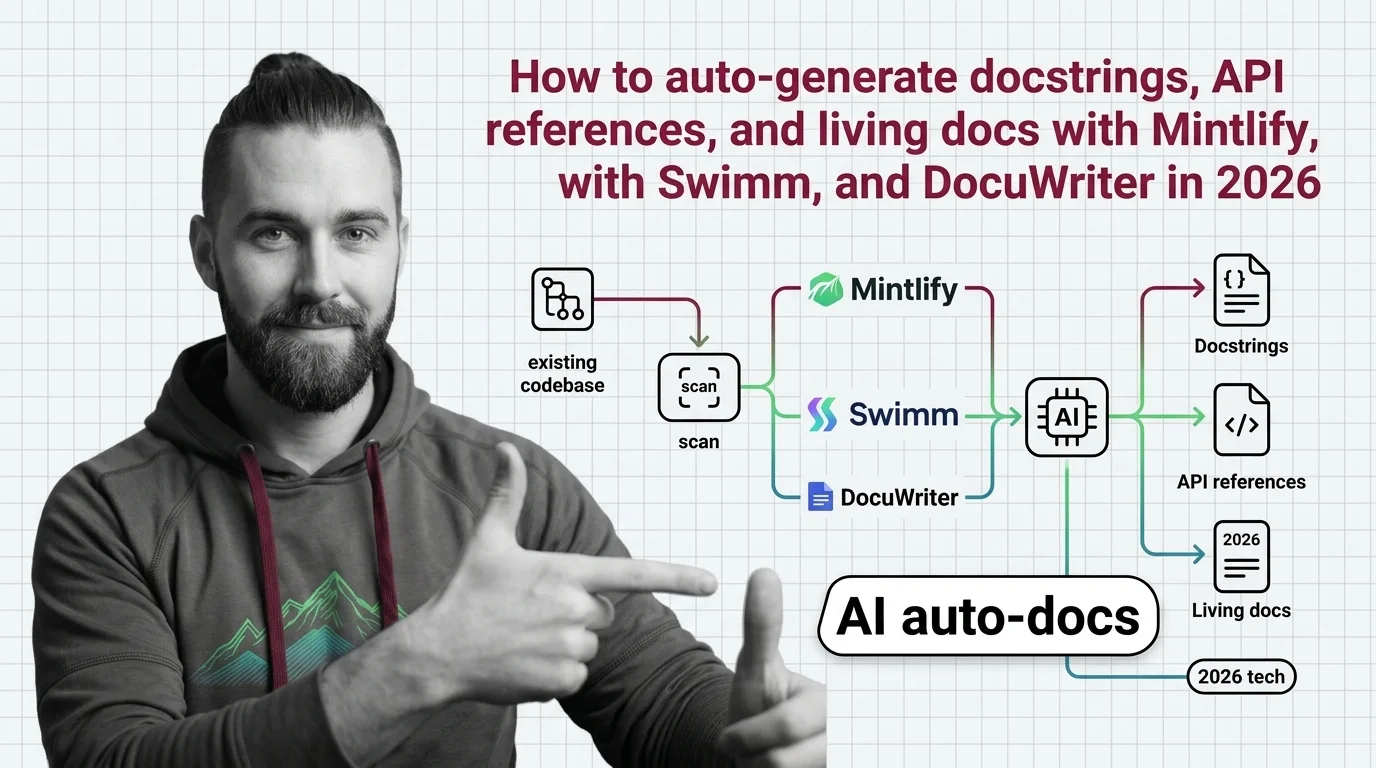 Documentation pipeline routing code commits into AI tools that produce docstrings, API references, and living developer docs