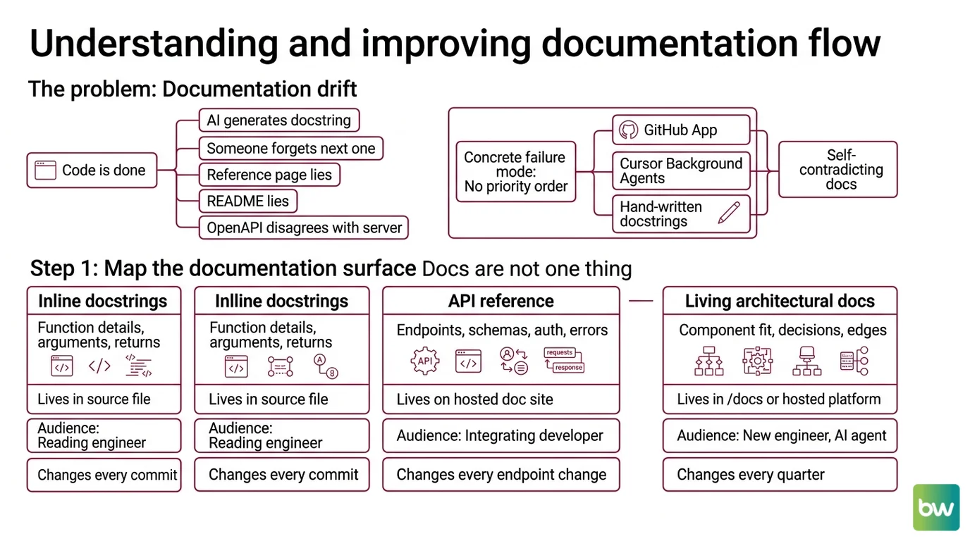 Three documentation surfaces — inline, API reference, and living architecture — routed to different AI tools with their own contracts and validation gates