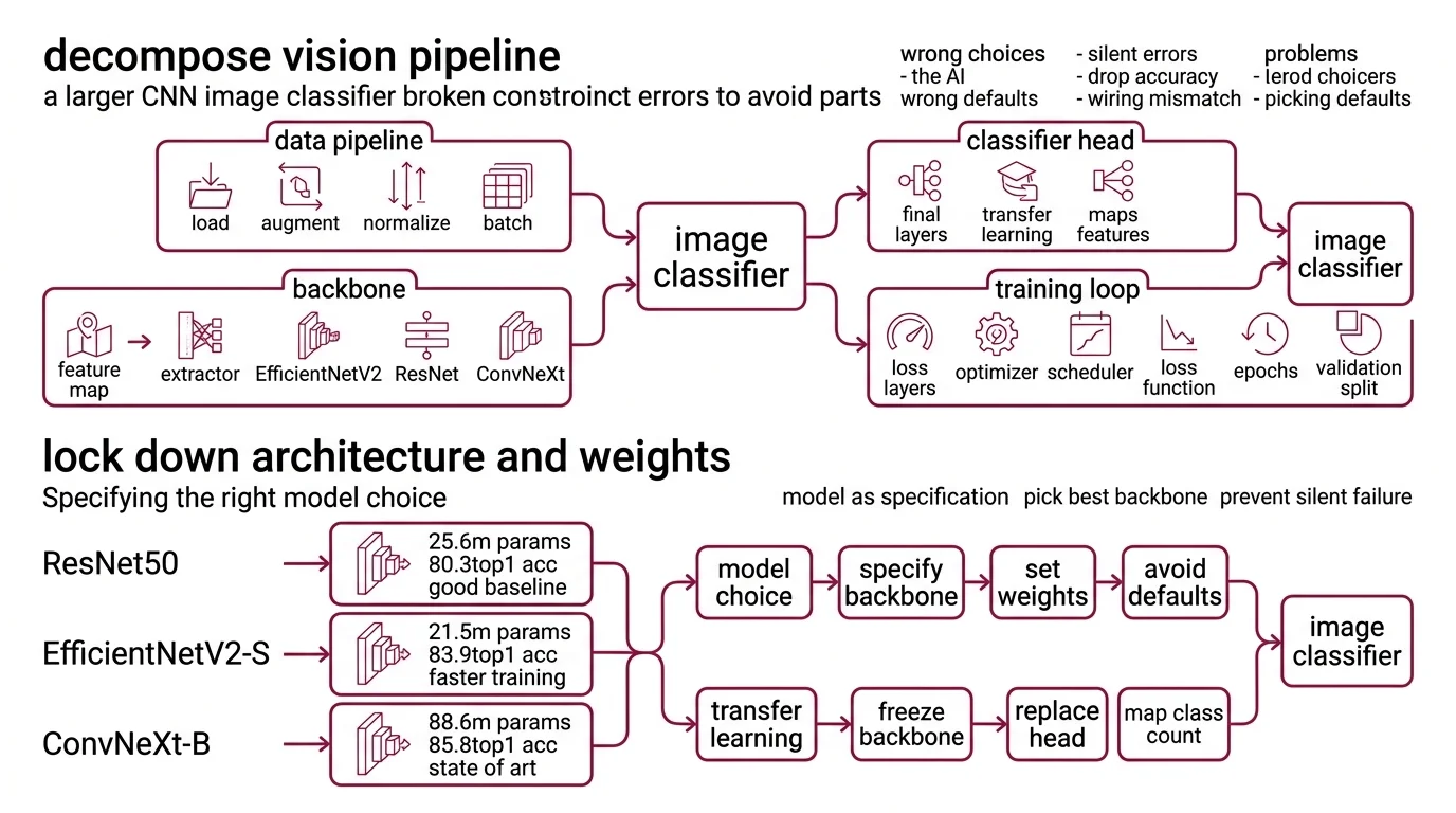 Four-stage CNN classifier pipeline showing data loading, backbone selection, training loop, and validation with dependency arrows