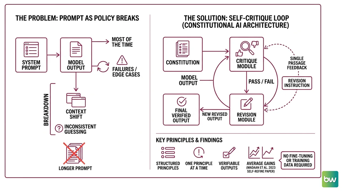 Four-component Constitutional AI critique pipeline diagram: Constitution feeds into Critique module, which connects to Revise module, controlled by Gate with iteration cap and human-review flag