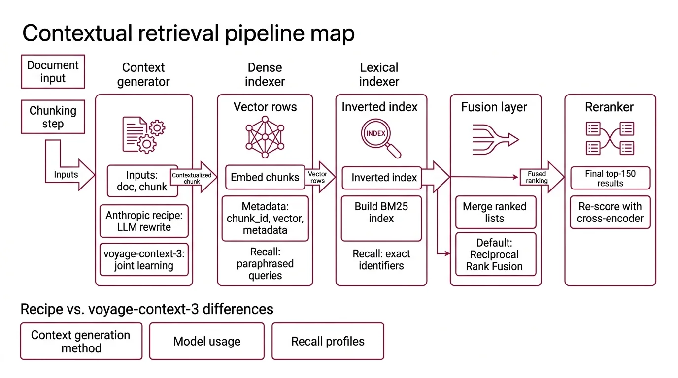 Five-stage contextual retrieval pipeline showing context generation, dense indexing, lexical indexing, RRF fusion, and reranking with top-20 output