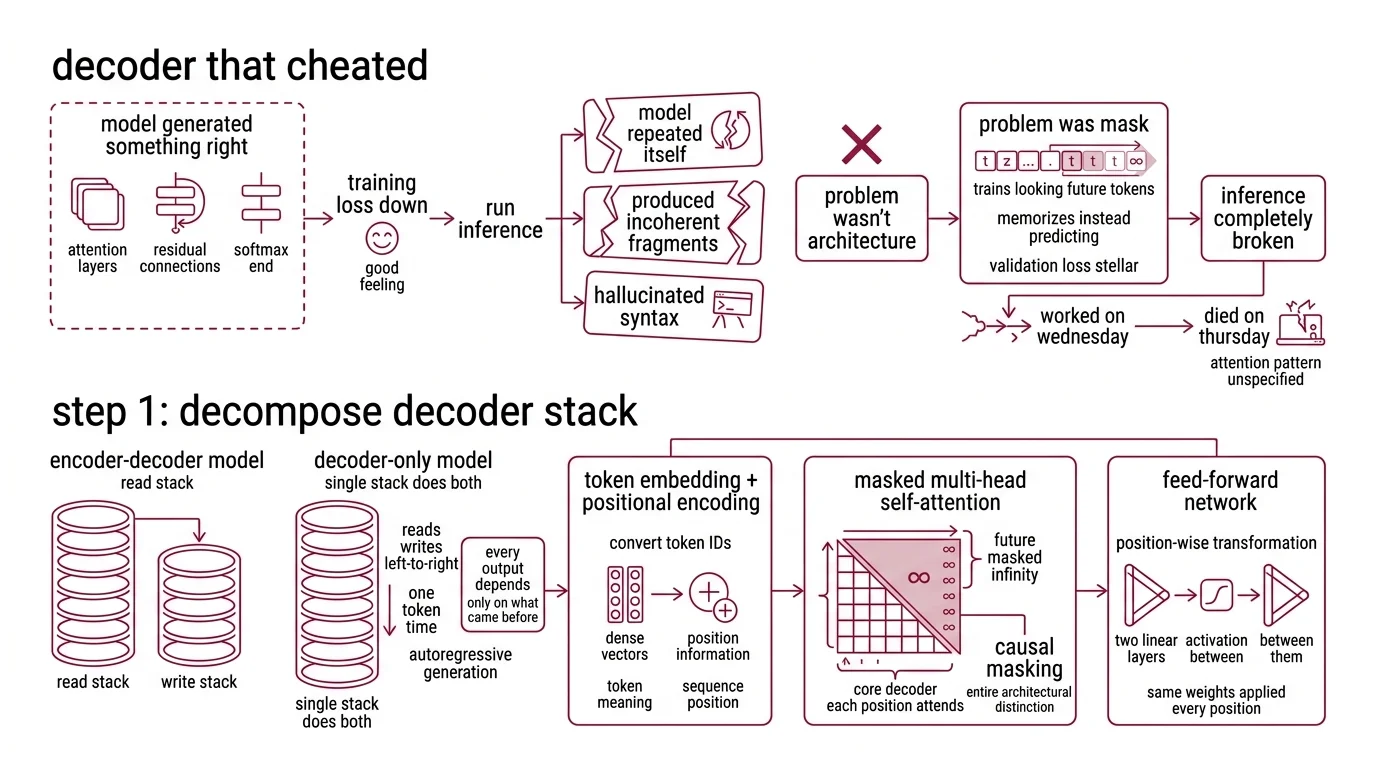 Diagram of five decoder-only transformer components from token embedding through causal masked attention to logits output with validation checkpoints at each stage
