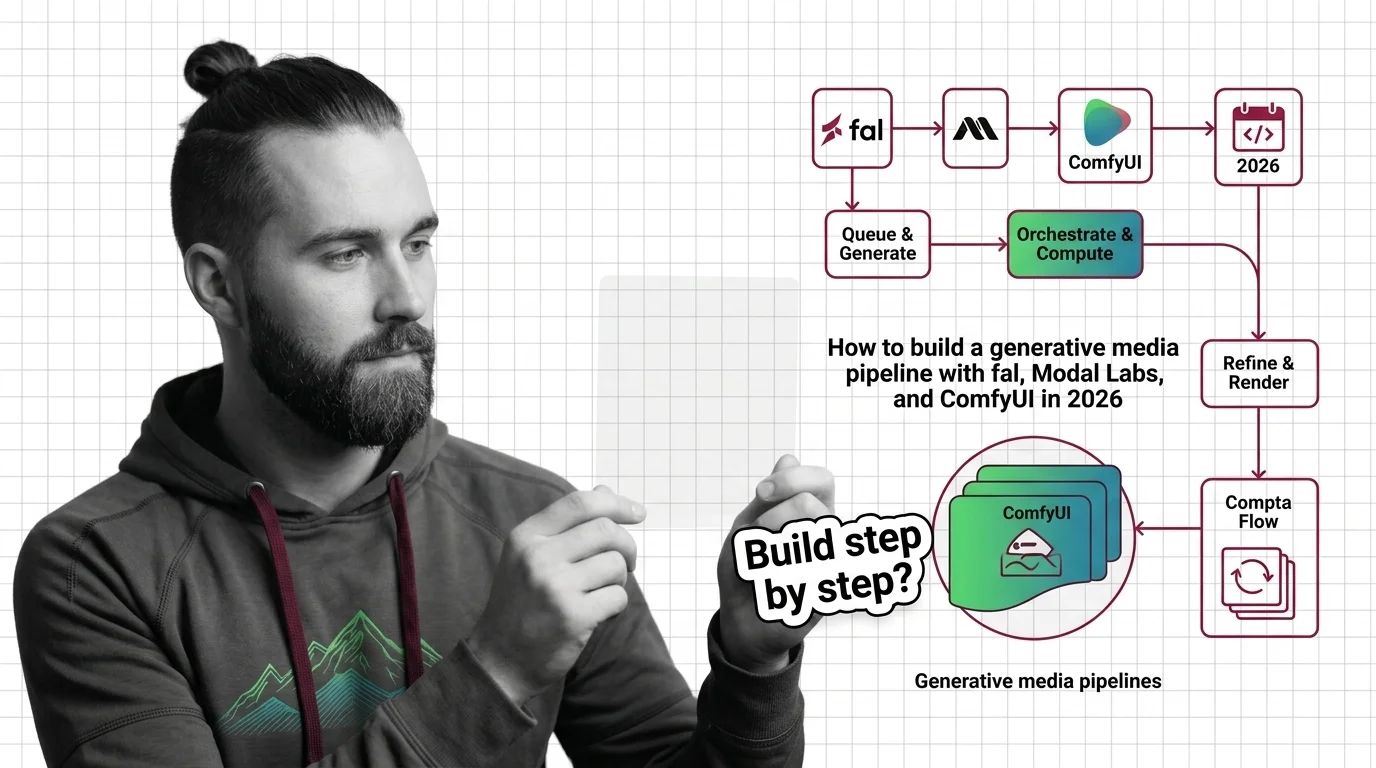 Generative media pipeline architecture connecting queue-based APIs, GPU compute, and a human review gate