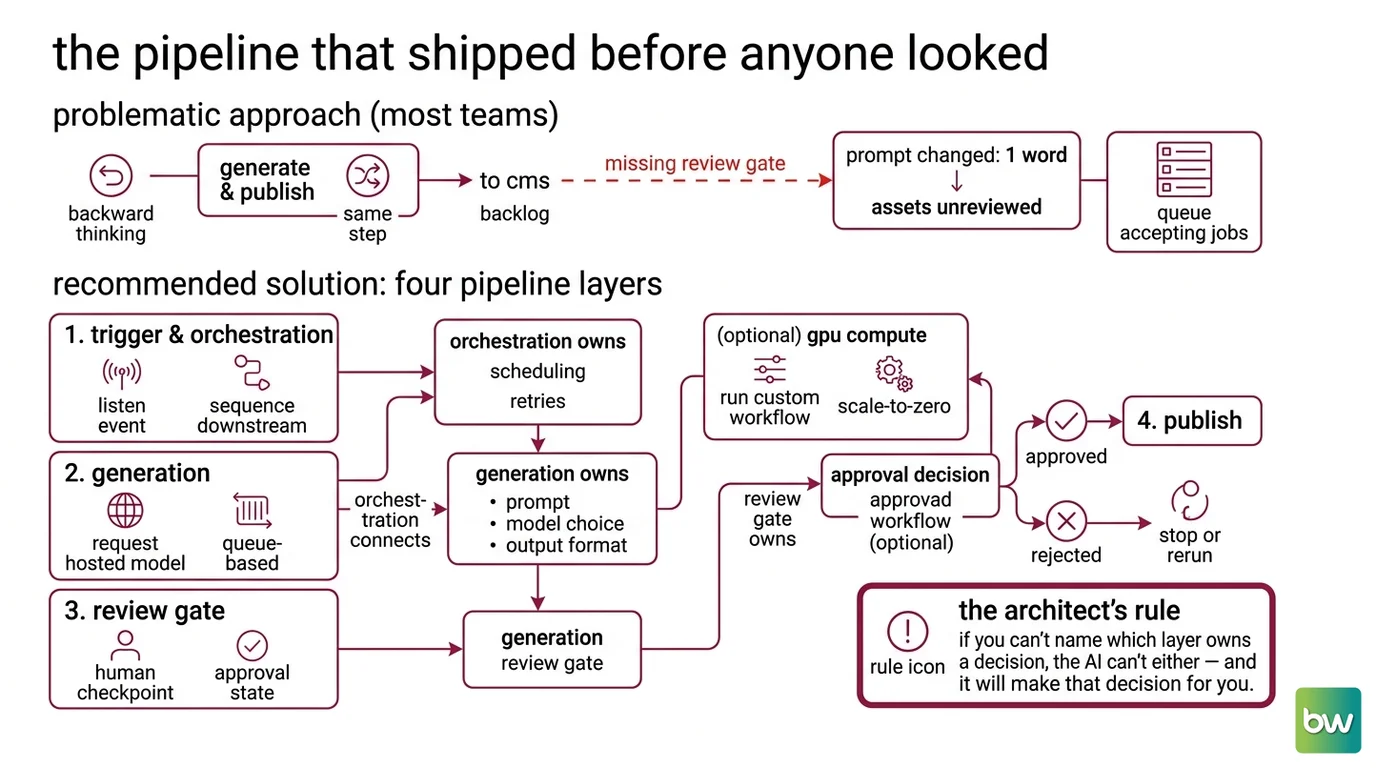 Four-layer generative media pipeline diagram showing orchestration, generation, compute, and review gate