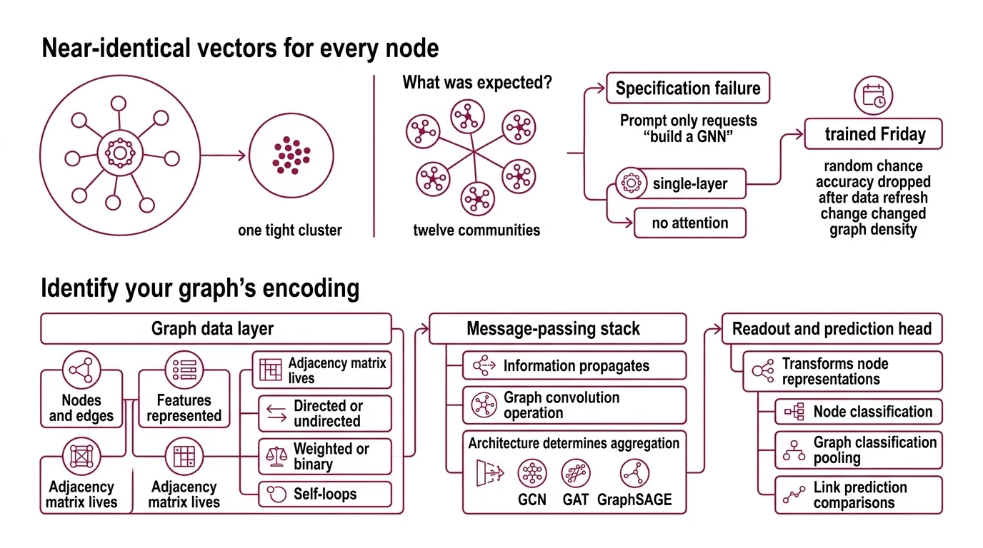 Four-step GNN specification pipeline from graph data contract through decomposition, layer architecture, and validation checkpoints