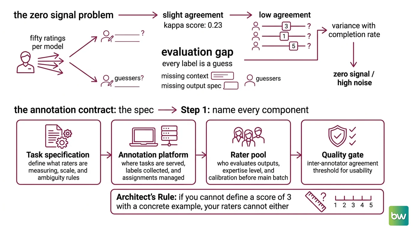 Four-stage human evaluation pipeline: task spec, annotation tool selection, rater calibration, and IAA quality gate