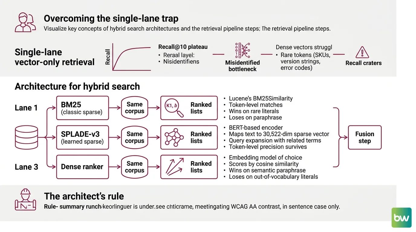 Three retrieval lanes — BM25, SPLADE-v3, dense embeddings — feeding ranked lists into a Reciprocal Rank Fusion step