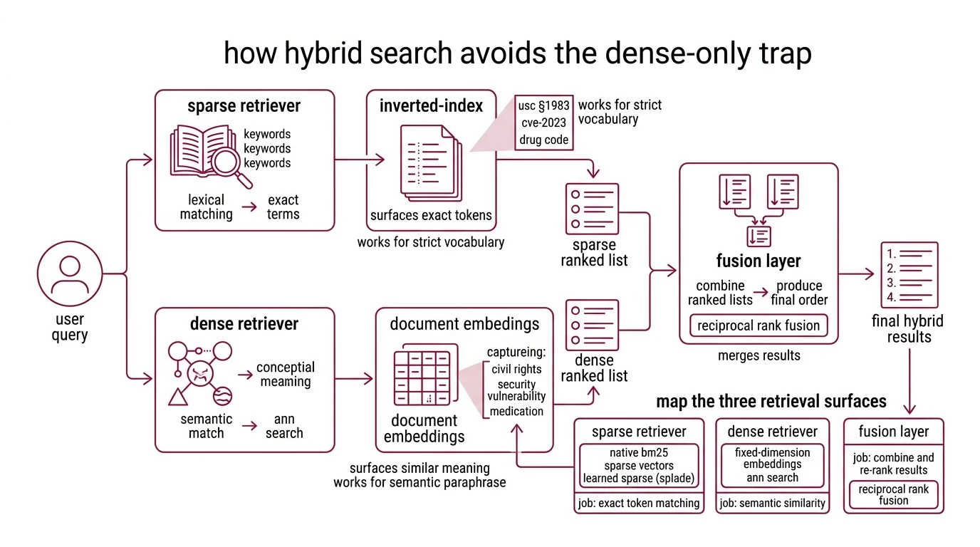 Three-surface decomposition of a hybrid search pipeline showing sparse retrieval, dense retrieval, and reciprocal rank fusion stages with dependency arrows