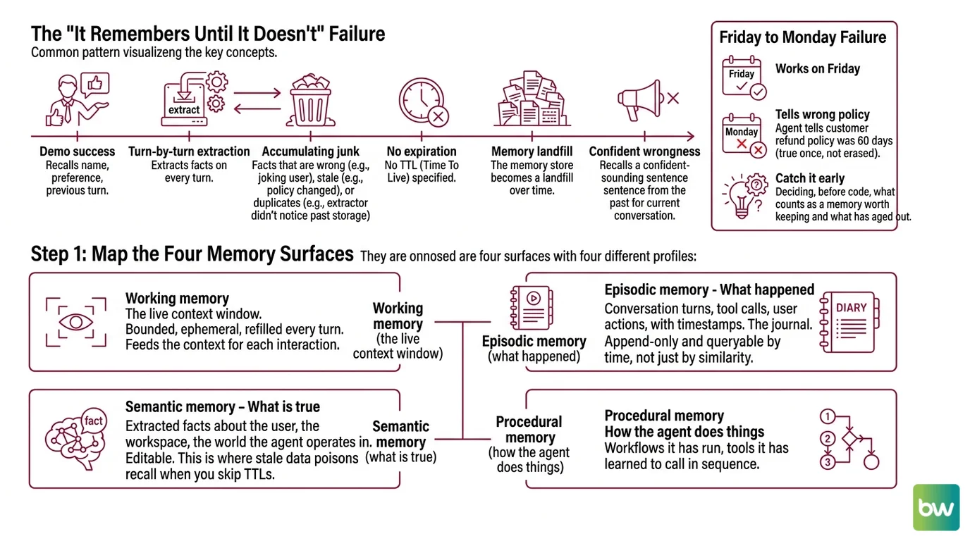 Four memory surfaces feeding an agent: working, episodic, semantic, and procedural memory, with the writer choice (LLM-managed vs extractor pipeline) shown as the central design decision