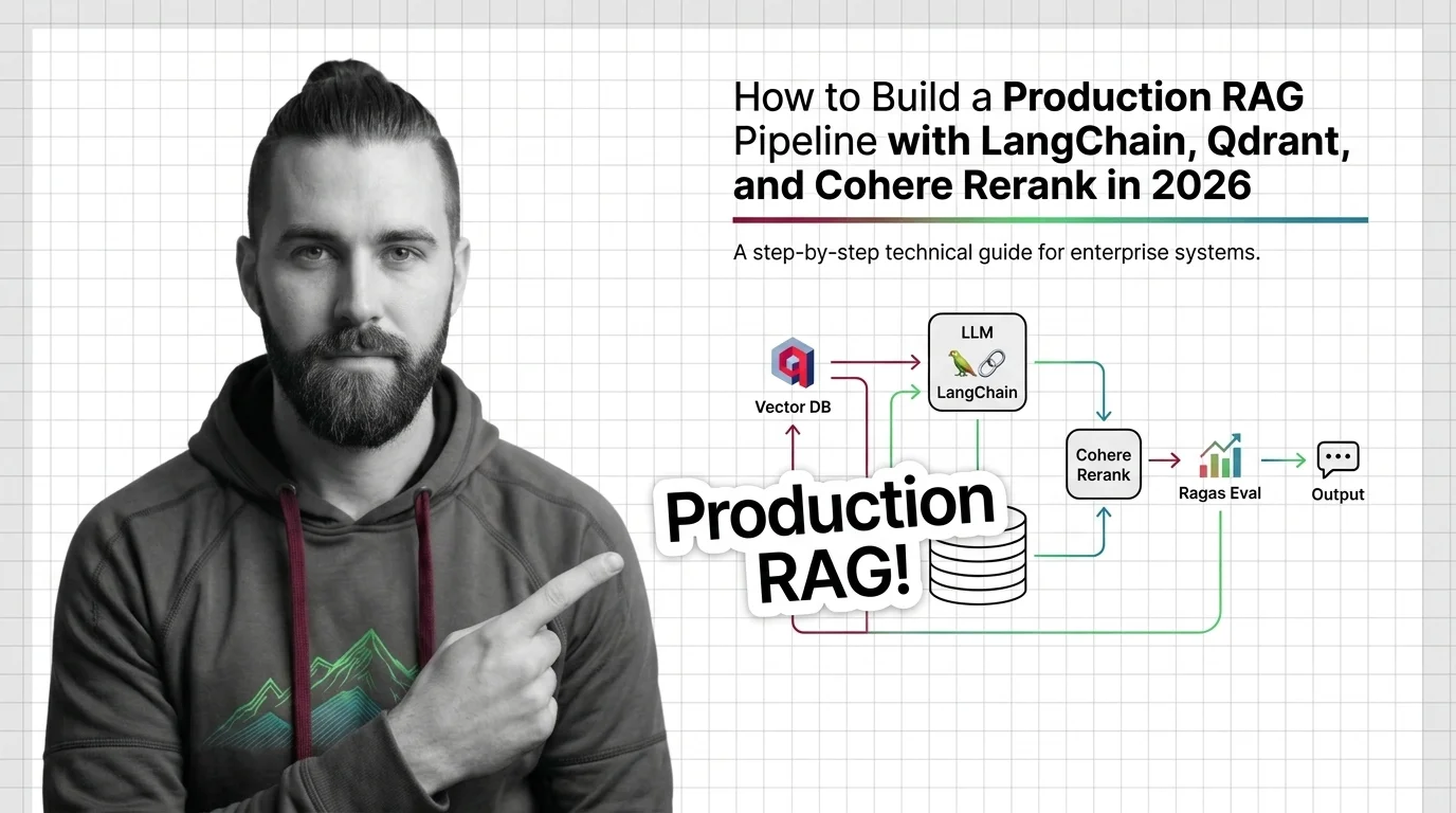 Production RAG pipeline diagram with LangChain orchestrating Qdrant retrieval Cohere reranking and Ragas evaluation.